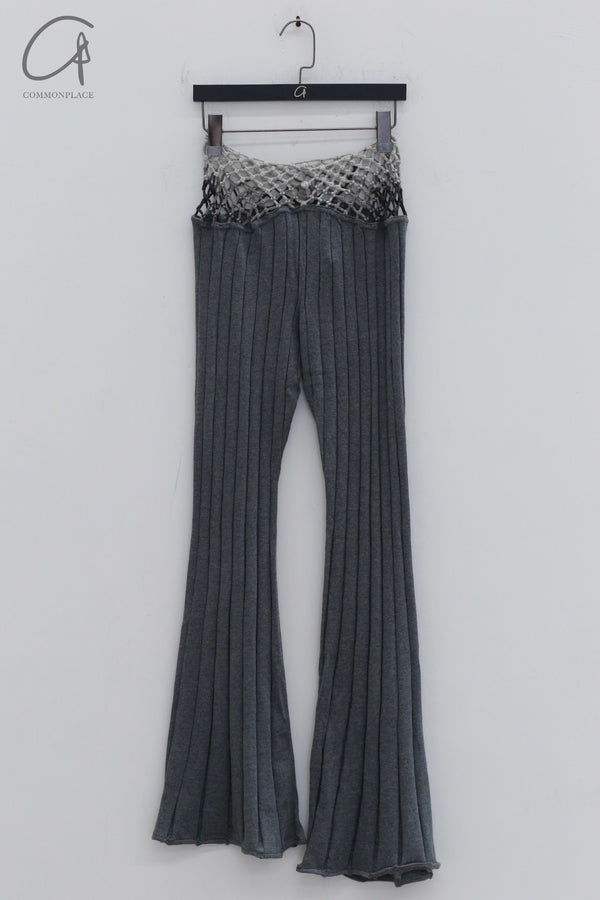 ISA BOULDER Mesh hollow waist elastic bootcut pants IB-WPN90-HUI Gray